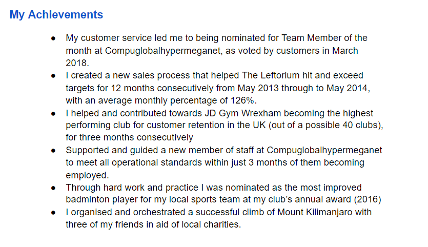 My achievements on PT CV