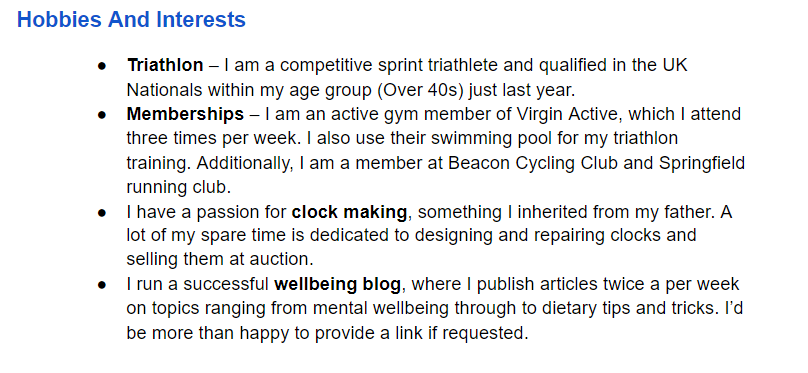 PT CV Hobbies section