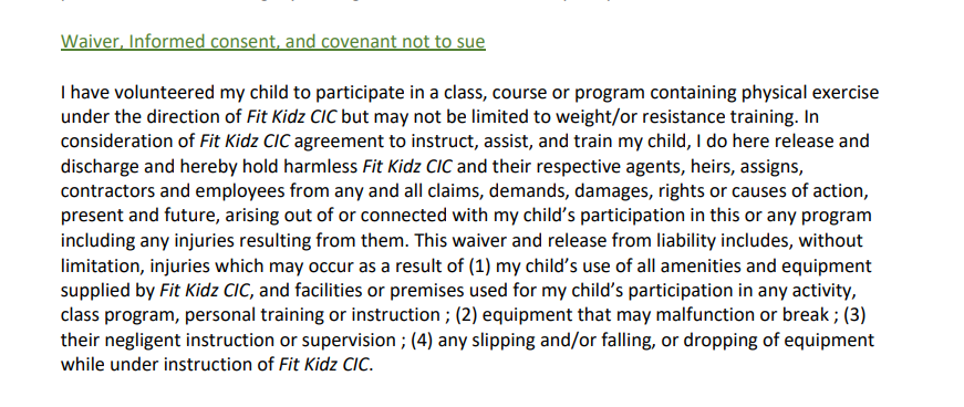 informed consent template for personal training Fit Kidz