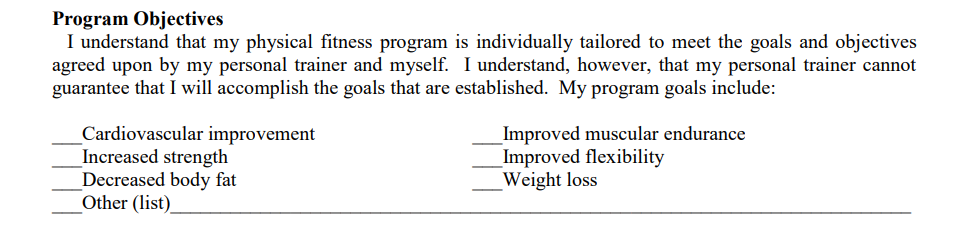 Goals informed consent definition personal training