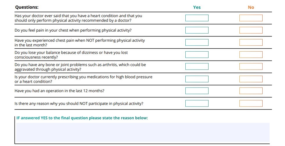 medical conditions that will prevent personal trainers from working with a client form