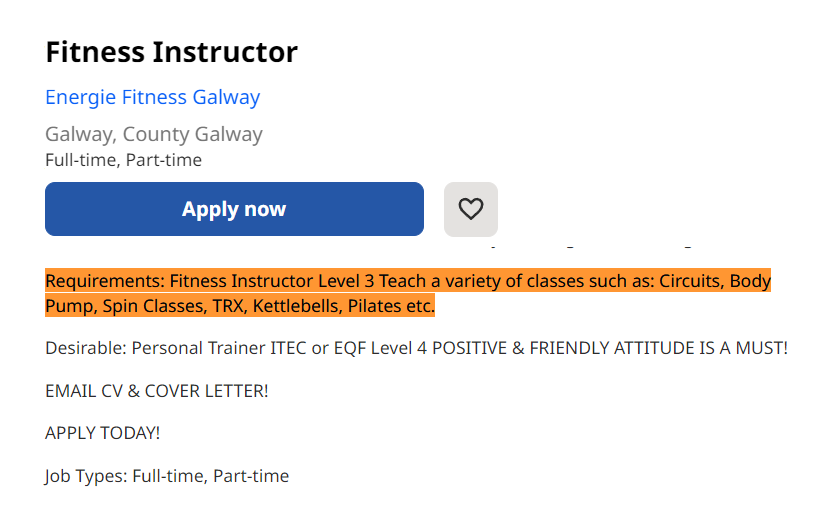 Ireland personal trainer or fitness instructor