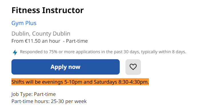 Ireland Fitness instructor and personal trainer shift pattern