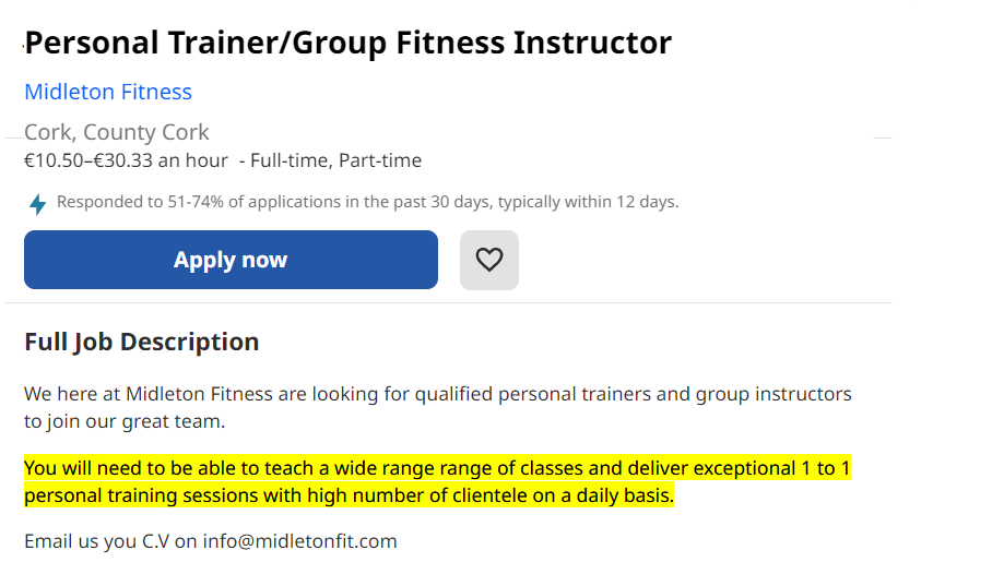 Ireland Fitness instructor or personal trainer CORK