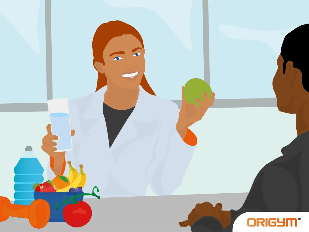 Graphic of Female Nutritionist Talking to a Client While Holding an Apple