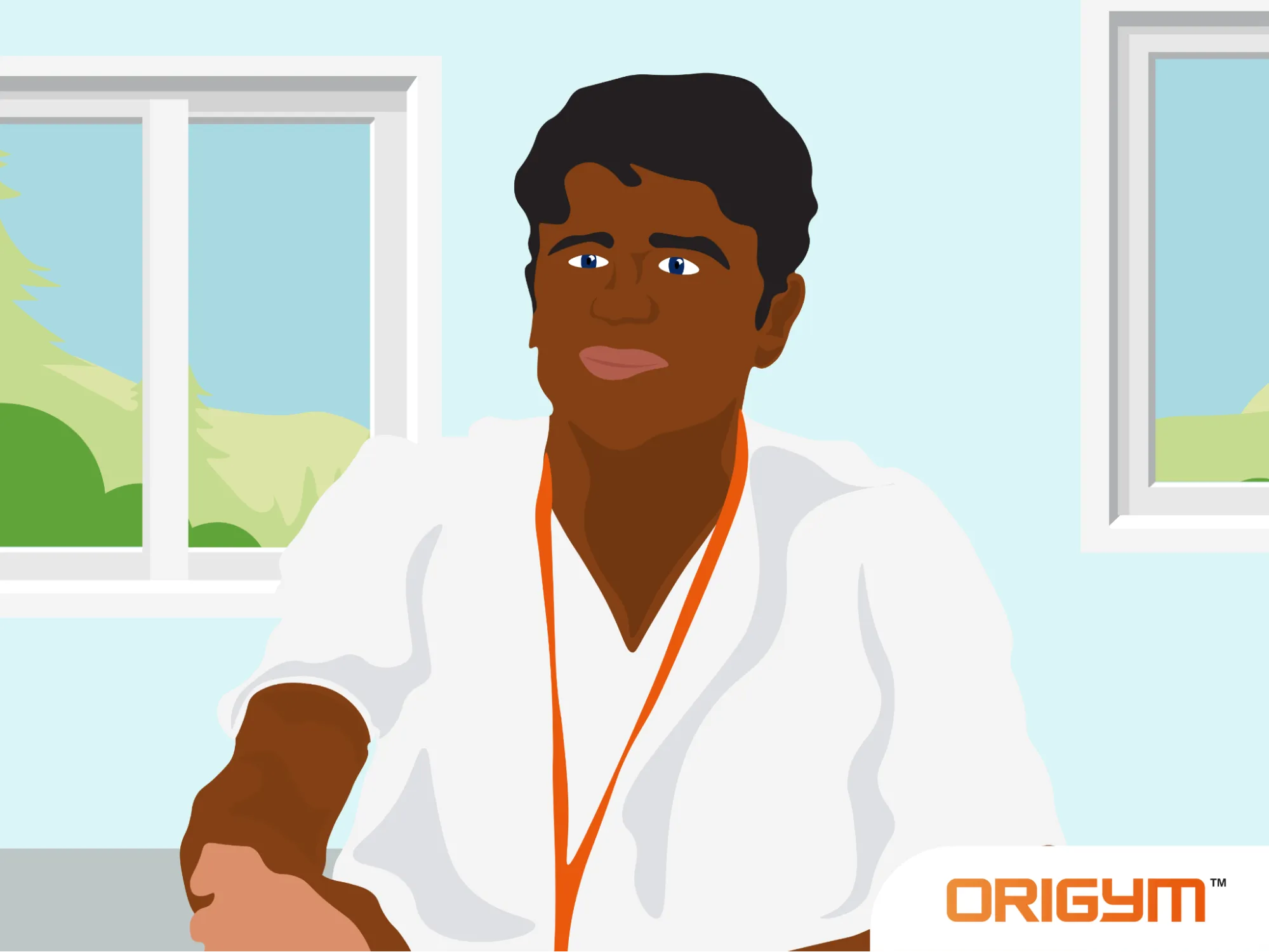 An-illustrated-man-wearing-a-lanyard-sits-at-a-desk-near-bright-windows-portraying-one-of-the-many-jobs-that-help-people