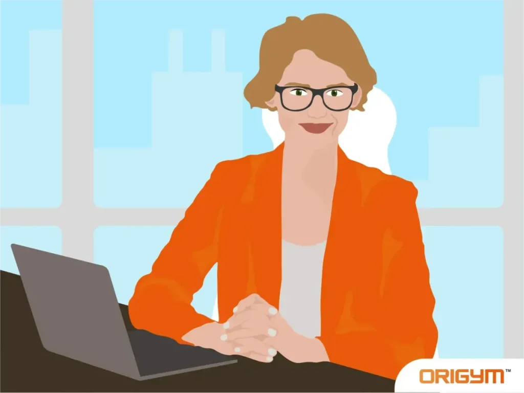 Graphic of Smiling Female Event Planner Seated at Desk With Laptop Open