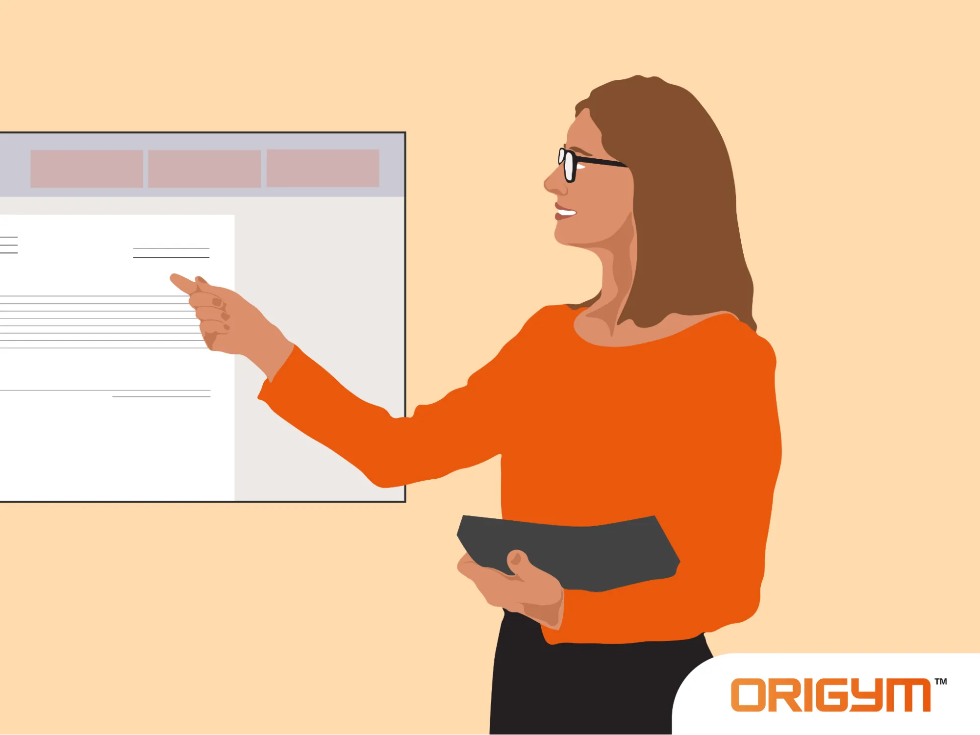 Illustrated-woman-in-orange-gives-a-presentation-representing-educational-jobs-that-help-people