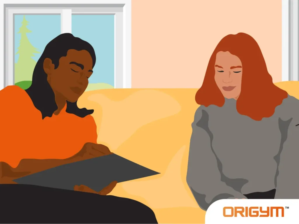 Graphic of Female Social Worker Holding a Clipboard Sat Beside Woman on Sofa