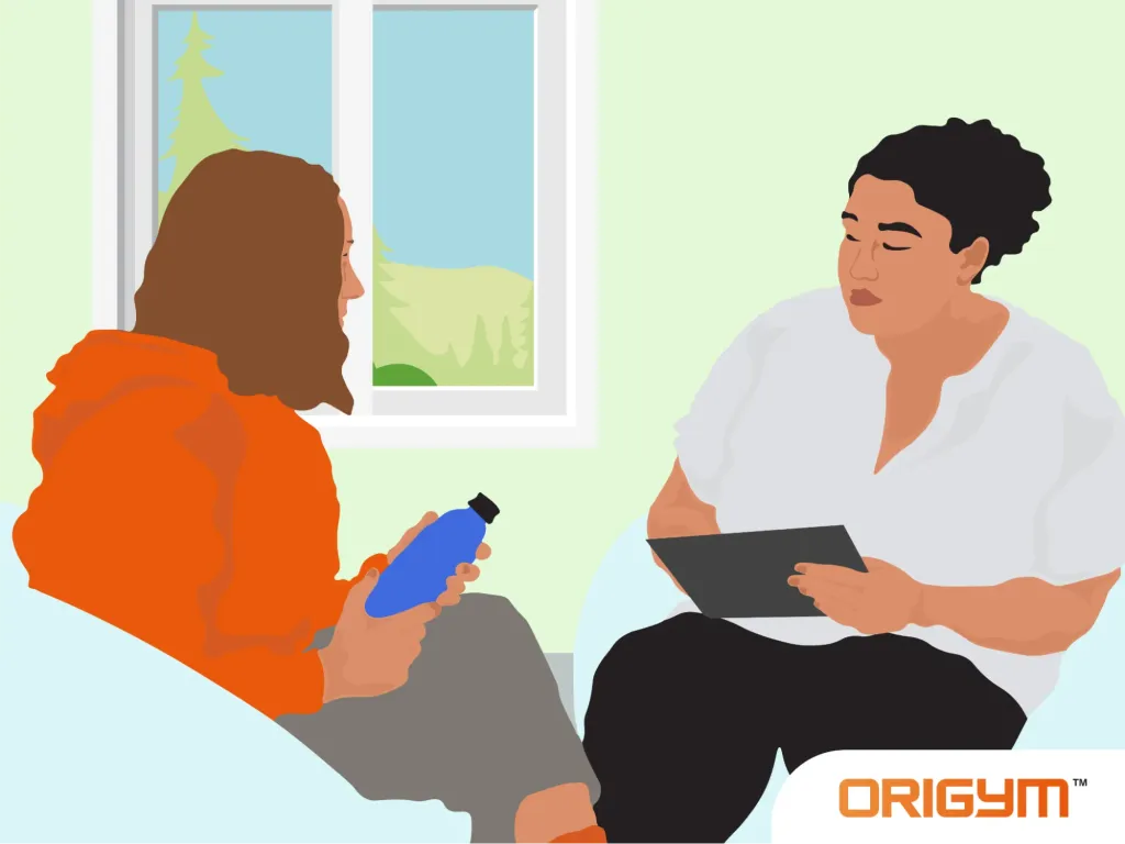 Two-women-in-discussion-one-holding-a-water-bottle—highlighting-nutritionist-jobs-that-help-people-webp