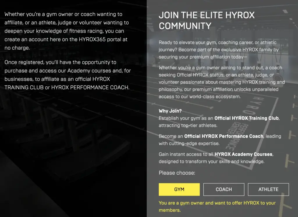Screenshot of the HYROX Portal Affiliate Sign Up Page