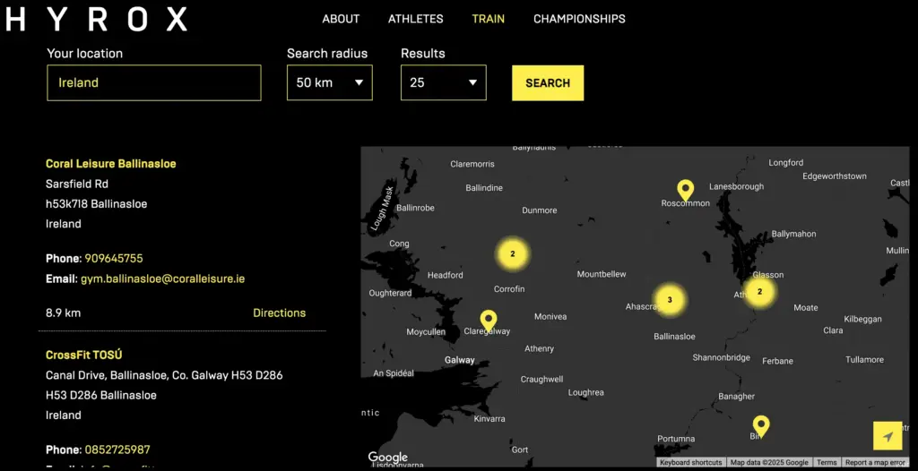 Screenshot of HYROX Training Clubs Map in Ireland