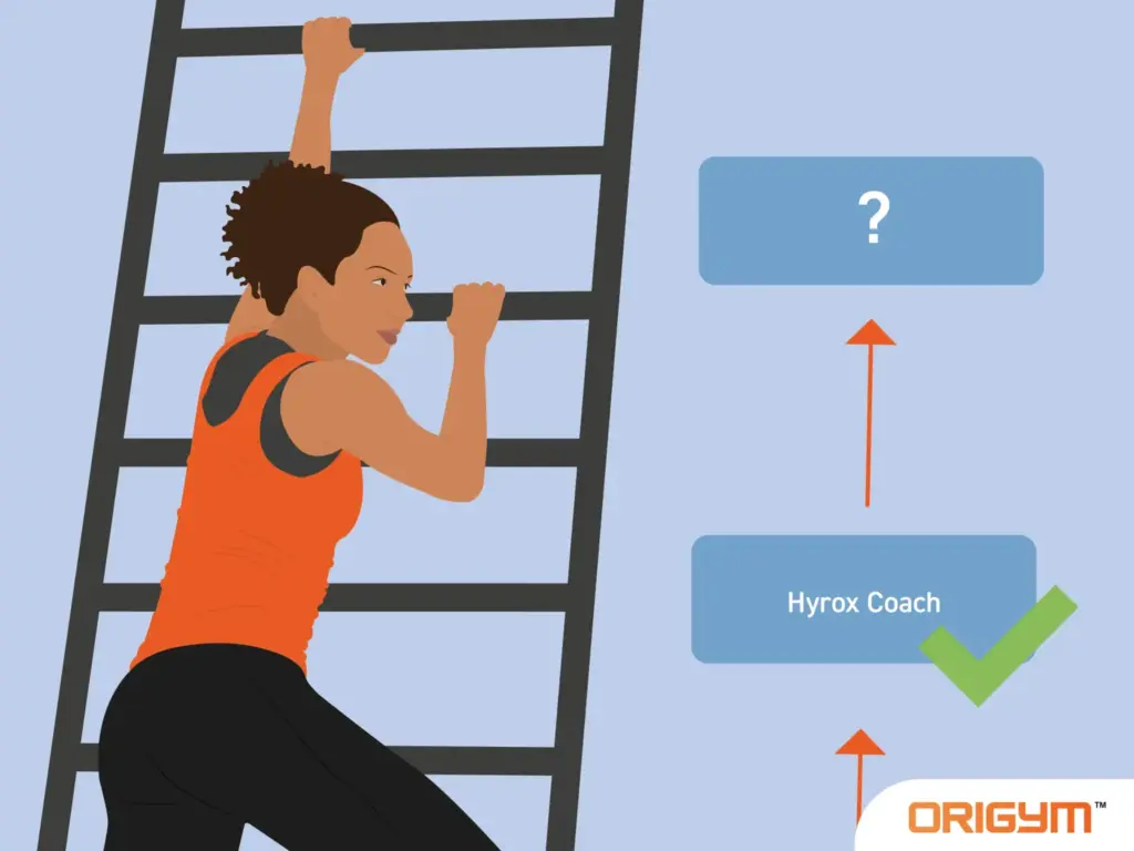 Graphic of Female HYROX Coach Climbing a Ladder to Represent Progression
