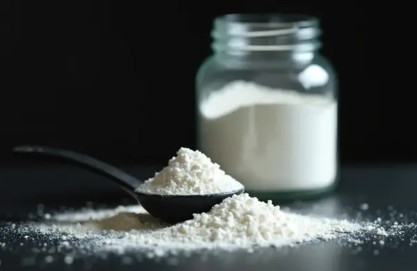 black spoon and glass jar demonstrating how to use creatine