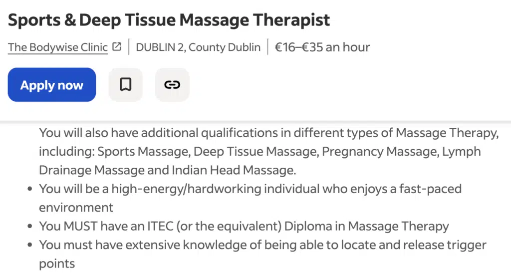 Screenshot of a Job Advertisement from Indeed for a Sports & Deep Tissue Massage Therapist for The Bodywise Clinic