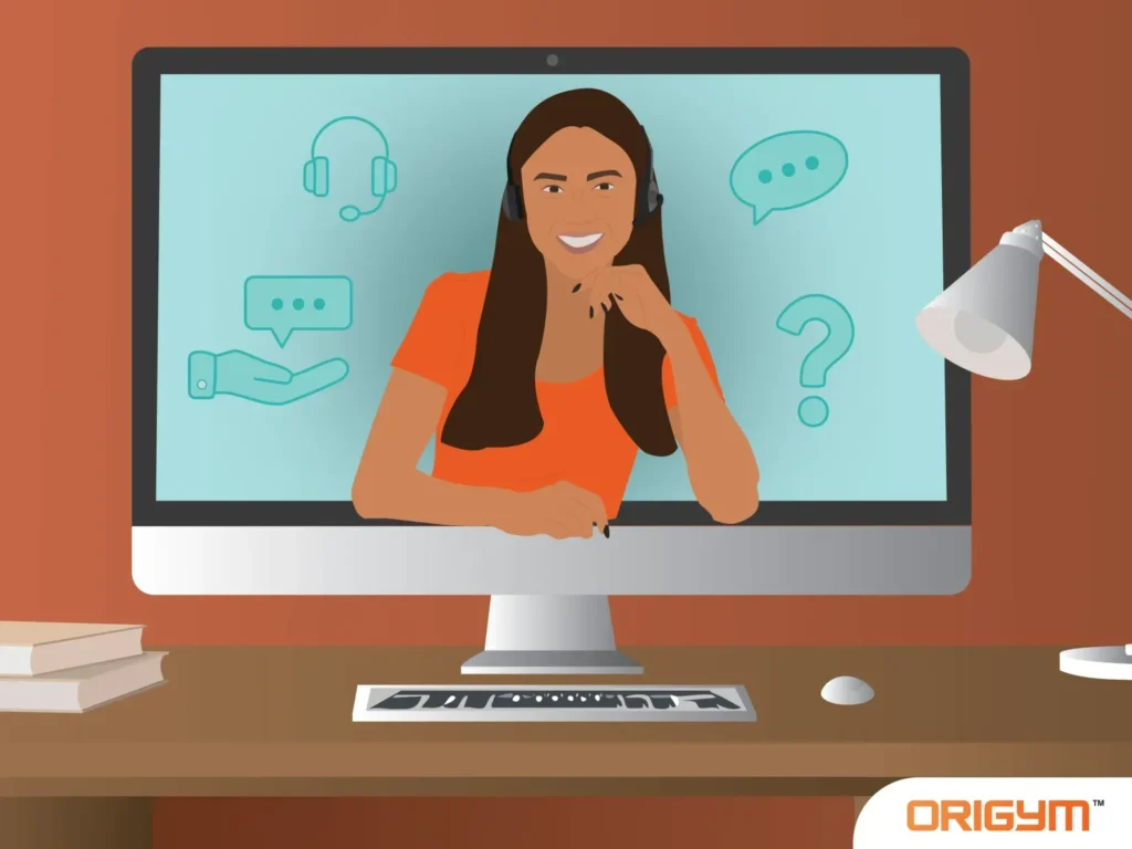 Graphic of a Smiling Woman on a Computer Screen Wearing a Headset and Offering Online Support