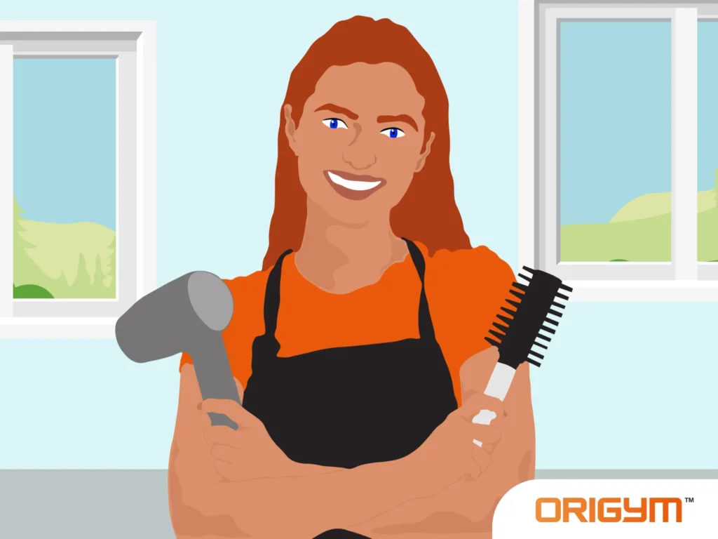 Graphic of Smiling Hairdresser Holding a Hairdryer & Brush