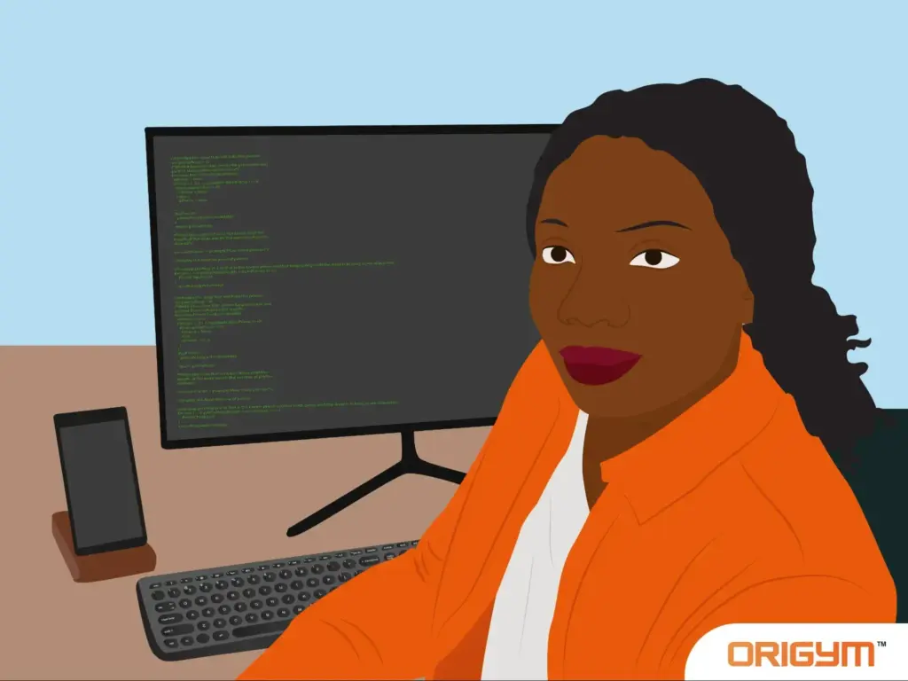 Graphic of Female Software Developer Sitting at Computer Desk