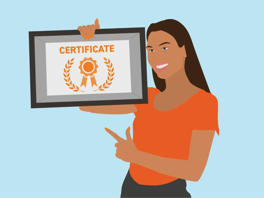 Graphic of a Female Fitness Graduate Holding a Framed Certificate