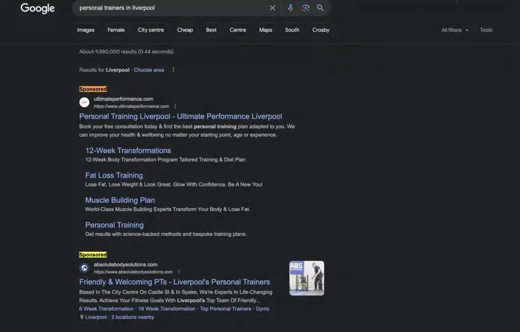 Screenshot of a Google Search of 'Personal Trainers in Liverpool' With a Set of Results