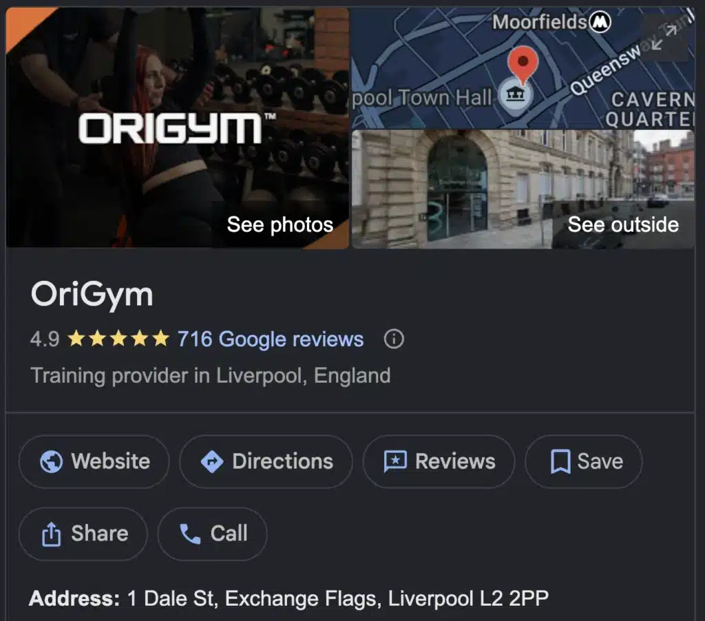 Screenshot of OriGym's Google Business Profile With Contact Information