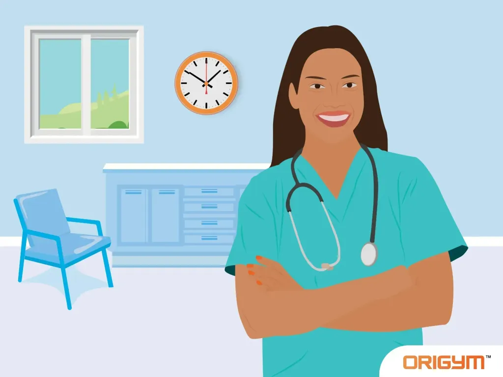 Graphic of a Smiling Female Doctor With Her Arms Crossed in a Medical Office