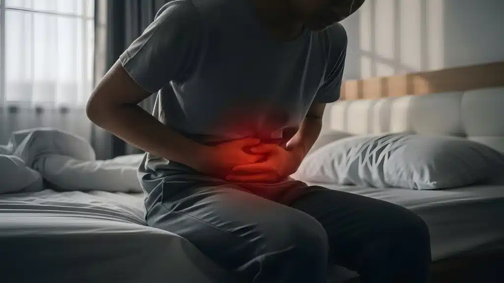 Image of a Man Sat on a Bed Holding His Stomach Which is Inflamed