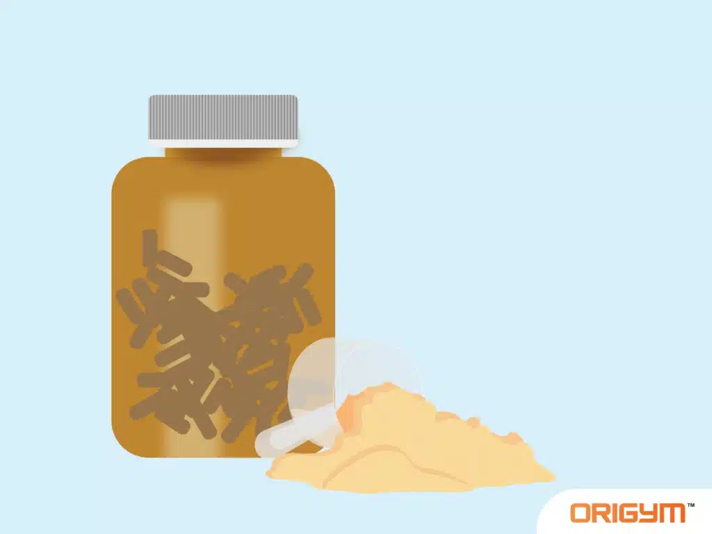 Graphic of a Bottle of Taurine Capsules With Powder Beside It