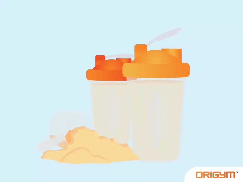 Graphic of Two Orange Protein Shake Bottles With Taurine Powder Beside Them