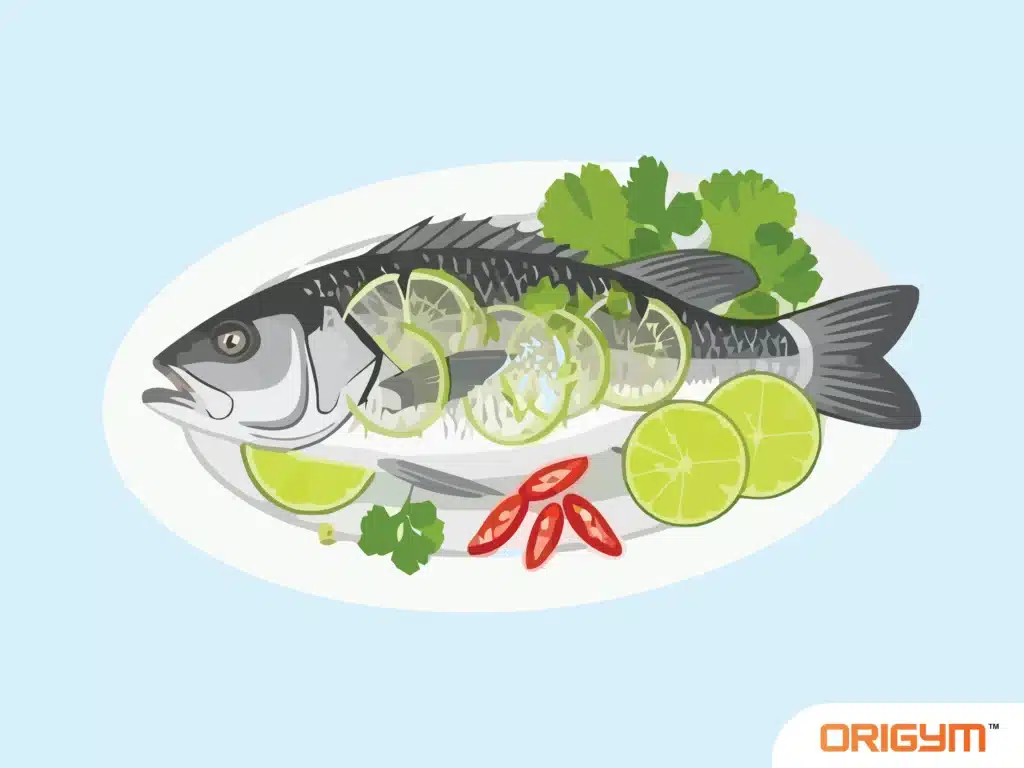 Graphic of a Whole Fish on a Plate Surrounded by Green Vegetables