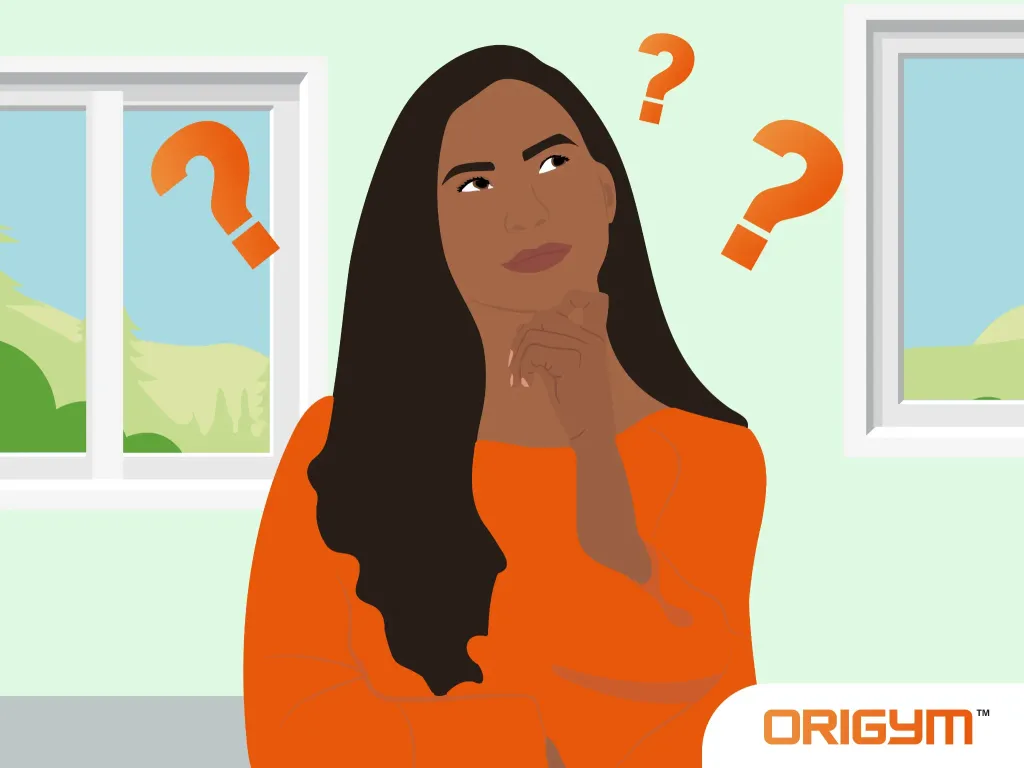 Graphic of a Woman Thinking With Orange Question Marks Around Her Head