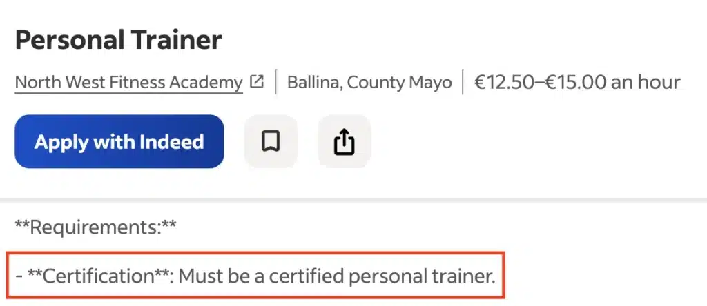 Screenshot From Indeed of a Personal Trainer Job Role With Certification Listed as a Requirement