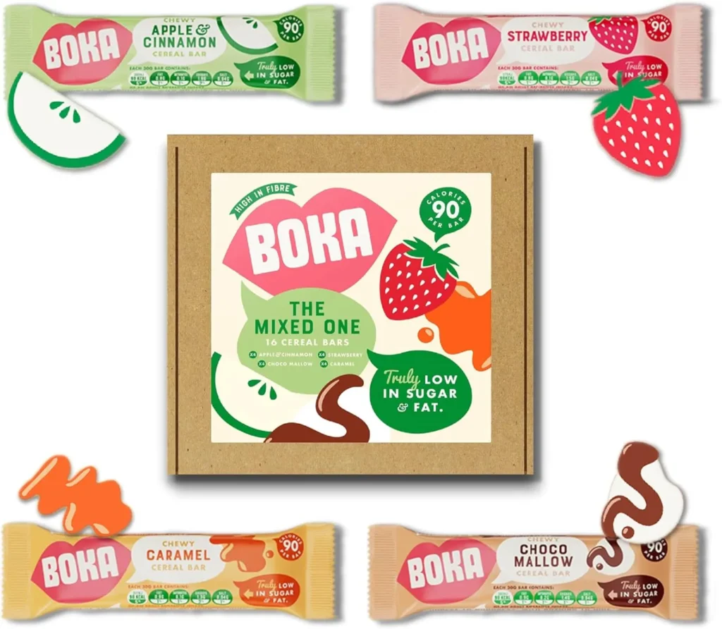 Screenshot of a Box of Boka Cereal Bars in the Centre Surrounded by 4 Bars in Different Flavours